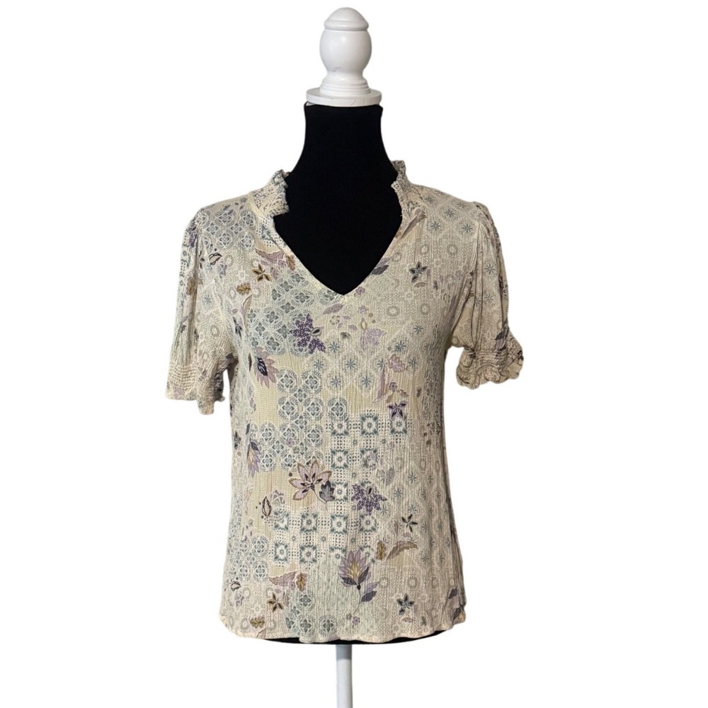Les Amis Floral Patchwork Peasant Top Womens Small Boho Cottagecore Rayon